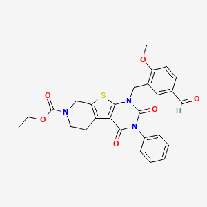 molecular formula C27H25N3O6S B3011665 ethyl 1-(5-formyl-2-methoxybenzyl)-2,4-dioxo-3-phenyl-1,2,3,4,5,6-hexahydropyrido[4',3':4,5]thieno[2,3-d]pyrimidine-7(8H)-carboxylate CAS No. 866015-10-3