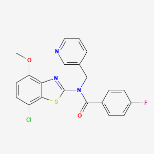 molecular formula C21H15ClFN3O2S B3011721 N-(7-chloro-4-methoxybenzo[d]thiazol-2-yl)-4-fluoro-N-(pyridin-3-ylmethyl)benzamide CAS No. 886964-96-1