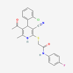 molecular formula C23H19ClFN3O2S B3011782 2-((5-acetyl-4-(2-chlorophenyl)-3-cyano-6-methyl-1,4-dihydropyridin-2-yl)thio)-N-(4-fluorophenyl)acetamide CAS No. 369397-14-8