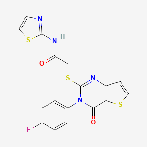 molecular formula C18H13FN4O2S3 B3011784 2-[3-(4-Fluoro-2-methylphenyl)-4-oxothieno[3,2-d]pyrimidin-2-yl]sulfanyl-N-(1,3-thiazol-2-yl)acetamide CAS No. 2320927-90-8