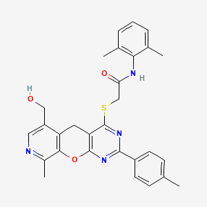 molecular formula C29H28N4O3S B3011815 N-(2,6-dimethylphenyl)-2-((6-(hydroxymethyl)-9-methyl-2-(p-tolyl)-5H-pyrido[4',3':5,6]pyrano[2,3-d]pyrimidin-4-yl)thio)acetamide CAS No. 892384-55-3