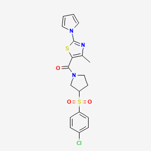 molecular formula C19H18ClN3O3S2 B3011840 (3-((4-chlorophenyl)sulfonyl)pyrrolidin-1-yl)(4-methyl-2-(1H-pyrrol-1-yl)thiazol-5-yl)methanone CAS No. 1705395-29-4