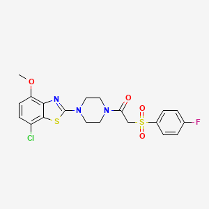 molecular formula C20H19ClFN3O4S2 B3011850 1-(4-(7-Chloro-4-methoxybenzo[d]thiazol-2-yl)piperazin-1-yl)-2-((4-fluorophenyl)sulfonyl)ethanone CAS No. 886955-98-2