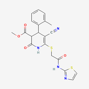 molecular formula C20H18N4O4S2 B3011867 Methyl 5-cyano-2-hydroxy-4-(2-methylphenyl)-6-{[2-oxo-2-(1,3-thiazol-2-ylamino)ethyl]sulfanyl}-3,4-dihydropyridine-3-carboxylate CAS No. 375357-47-4