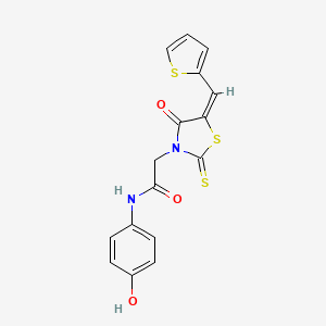molecular formula C16H12N2O3S3 B3011877 (E)-N-(4-hydroxyphenyl)-2-(4-oxo-5-(thiophen-2-ylmethylene)-2-thioxothiazolidin-3-yl)acetamide CAS No. 637317-95-4
