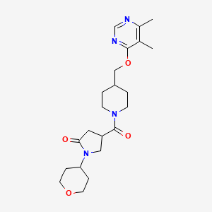 molecular formula C22H32N4O4 B3011884 4-(4-(((5,6-dimethylpyrimidin-4-yl)oxy)methyl)piperidine-1-carbonyl)-1-(tetrahydro-2H-pyran-4-yl)pyrrolidin-2-one CAS No. 2310097-08-4