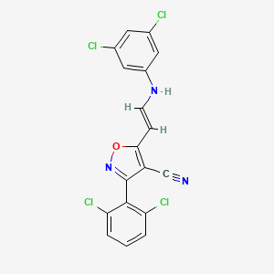 molecular formula C18H9Cl4N3O B3011893 5-[2-(3,5-二氯苯胺)乙烯基]-3-(2,6-二氯苯基)-4-异恶唑腈 CAS No. 338402-65-6