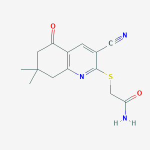 molecular formula C14H15N3O2S B3011975 2-((3-Cyano-7,7-dimethyl-5-oxo-5,6,7,8-tetrahydroquinolin-2-yl)thio)acetamide CAS No. 363620-82-0