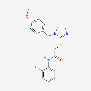 molecular formula C19H18FN3O2S B3011979 N-(2-fluorophenyl)-2-[1-[(4-methoxyphenyl)methyl]imidazol-2-yl]sulfanylacetamide CAS No. 893372-87-7