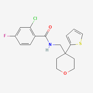 2-chloro-4-fluoro-N-[(4-thiophen-2-yloxan-4-yl)methyl]benzamide