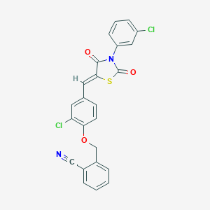 molecular formula C24H14Cl2N2O3S B301199 2-[(2-Chloro-4-{[3-(3-chlorophenyl)-2,4-dioxo-1,3-thiazolidin-5-ylidene]methyl}phenoxy)methyl]benzonitrile 