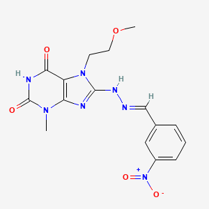 molecular formula C16H17N7O5 B3012051 7-(2-甲氧基乙基)-3-甲基-8-[(2E)-2-(3-硝基亚苄基)肼基]-3,7-二氢-1H-嘌呤-2,6-二酮 CAS No. 333769-21-4