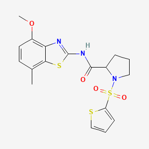 molecular formula C18H19N3O4S3 B3012062 N-(4-甲氧基-7-甲基苯并[d]噻唑-2-基)-1-(噻吩-2-磺酰基)吡咯烷-2-甲酰胺 CAS No. 1097191-17-7