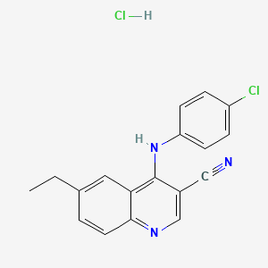 molecular formula C18H15Cl2N3 B3012100 4-((4-氯苯基)氨基)-6-乙基喹啉-3-腈盐酸盐 CAS No. 1331239-16-7