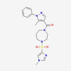 molecular formula C20H24N6O3S B3012230 (5-methyl-1-phenyl-1H-pyrazol-4-yl)(4-((1-methyl-1H-imidazol-4-yl)sulfonyl)-1,4-diazepan-1-yl)methanone CAS No. 1903692-30-7