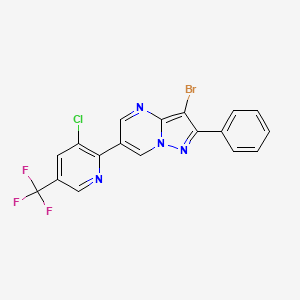 molecular formula C18H9BrClF3N4 B3012237 3-Bromo-6-(3-chloro-5-(trifluoromethyl)-2-pyridinyl)-2-phenylpyrazolo[1,5-a]pyrimidine CAS No. 338953-44-9
