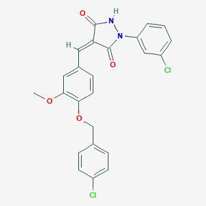 molecular formula C24H18Cl2N2O4 B301225 4-{4-[(4-Chlorobenzyl)oxy]-3-methoxybenzylidene}-1-(3-chlorophenyl)-3,5-pyrazolidinedione 