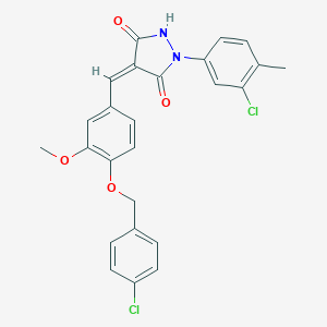 molecular formula C25H20Cl2N2O4 B301226 4-{4-[(4-Chlorobenzyl)oxy]-3-methoxybenzylidene}-1-(3-chloro-4-methylphenyl)-3,5-pyrazolidinedione 