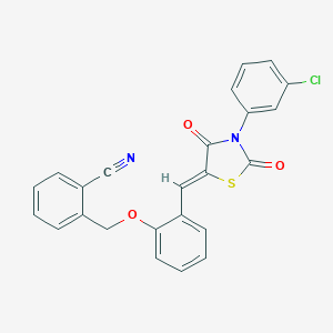 molecular formula C24H15ClN2O3S B301232 2-[(2-{[3-(3-Chlorophenyl)-2,4-dioxo-1,3-thiazolidin-5-ylidene]methyl}phenoxy)methyl]benzonitrile 