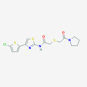 molecular formula C15H16ClN3O2S3 B3012337 N-(4-(5-chlorothiophen-2-yl)thiazol-2-yl)-2-((2-oxo-2-(pyrrolidin-1-yl)ethyl)thio)acetamide CAS No. 681224-86-2