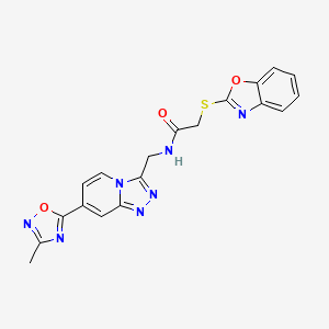 molecular formula C19H15N7O3S B3012345 2-(benzo[d]oxazol-2-ylthio)-N-((7-(3-methyl-1,2,4-oxadiazol-5-yl)-[1,2,4]triazolo[4,3-a]pyridin-3-yl)methyl)acetamide CAS No. 1903603-94-0