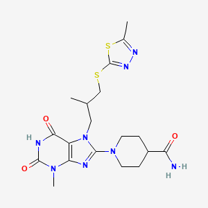 molecular formula C19H26N8O3S2 B3012364 1-(3-甲基-7-(2-甲基-3-((5-甲基-1,3,4-噻二唑-2-基)硫代)丙基)-2,6-二氧代-2,3,6,7-四氢-1H-嘌呤-8-基)哌啶-4-甲酰胺 CAS No. 872627-92-4