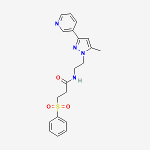 molecular formula C20H22N4O3S B3012376 N-(2-(5-methyl-3-(pyridin-3-yl)-1H-pyrazol-1-yl)ethyl)-3-(phenylsulfonyl)propanamide CAS No. 2034604-17-4