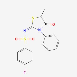 molecular formula C16H13FN2O3S2 B3012381 (E)-4-fluoro-N-(5-methyl-4-oxo-3-phenylthiazolidin-2-ylidene)benzenesulfonamide CAS No. 745026-40-8