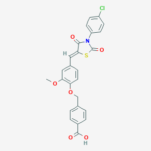 molecular formula C25H18ClNO6S B301240 4-[(4-{[3-(4-Chlorophenyl)-2,4-dioxo-1,3-thiazolidin-5-ylidene]methyl}-2-methoxyphenoxy)methyl]benzoic acid 