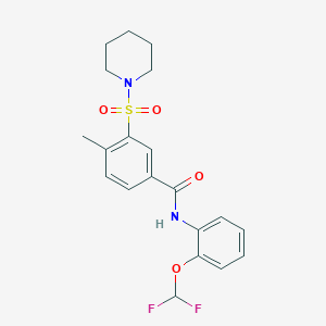 molecular formula C20H22F2N2O4S B3012438 N-(2-(difluoromethoxy)phenyl)-4-methyl-3-(piperidin-1-ylsulfonyl)benzamide CAS No. 887198-84-7