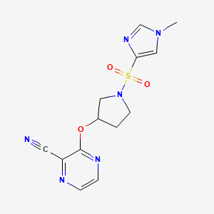 molecular formula C13H14N6O3S B3012445 3-((1-((1-methyl-1H-imidazol-4-yl)sulfonyl)pyrrolidin-3-yl)oxy)pyrazine-2-carbonitrile CAS No. 2034577-01-8