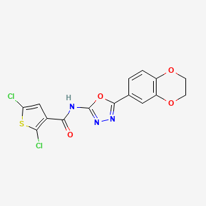 molecular formula C15H9Cl2N3O4S B3012474 2,5-dichloro-N-(5-(2,3-dihydrobenzo[b][1,4]dioxin-6-yl)-1,3,4-oxadiazol-2-yl)thiophene-3-carboxamide CAS No. 851094-73-0