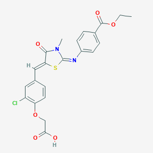 molecular formula C22H19ClN2O6S B301254 {2-Chloro-4-[(2-{[4-(ethoxycarbonyl)phenyl]imino}-3-methyl-4-oxo-1,3-thiazolidin-5-ylidene)methyl]phenoxy}acetic acid 