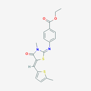 molecular formula C19H18N2O3S2 B301255 Ethyl 4-({3-methyl-5-[(5-methylthien-2-yl)methylene]-4-oxo-1,3-thiazolidin-2-ylidene}amino)benzoate 