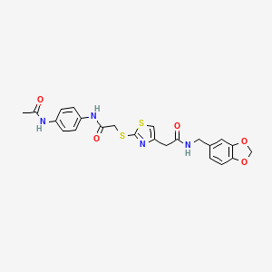 molecular formula C23H22N4O5S2 B3012575 N-(4-acetamidophenyl)-2-((4-(2-((benzo[d][1,3]dioxol-5-ylmethyl)amino)-2-oxoethyl)thiazol-2-yl)thio)acetamide CAS No. 941937-22-0