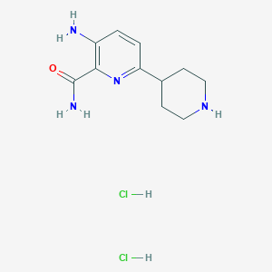 molecular formula C11H18Cl2N4O B3012603 3-Amino-6-piperidin-4-ylpyridine-2-carboxamide;dihydrochloride CAS No. 2490402-42-9
