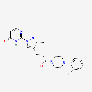 molecular formula C23H27FN6O2 B3012698 2-(4-(3-(4-(2-fluorophenyl)piperazin-1-yl)-3-oxopropyl)-3,5-dimethyl-1H-pyrazol-1-yl)-6-methylpyrimidin-4(3H)-one CAS No. 1170512-95-4