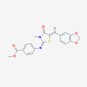 molecular formula C20H16N2O5S B301270 Methyl 4-{[5-(1,3-benzodioxol-5-ylmethylene)-3-methyl-4-oxo-1,3-thiazolidin-2-ylidene]amino}benzoate 