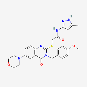 molecular formula C26H28N6O4S B3012715 2-[3-[(4-methoxyphenyl)methyl]-6-morpholin-4-yl-4-oxoquinazolin-2-yl]sulfanyl-N-(5-methyl-1H-pyrazol-3-yl)acetamide CAS No. 896683-36-6