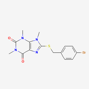 molecular formula C15H15BrN4O2S B3012763 8-[(4-Bromophenyl)methylsulfanyl]-1,3,9-trimethylpurine-2,6-dione CAS No. 897454-18-1