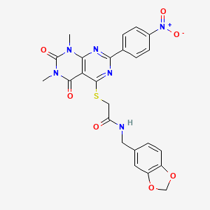 molecular formula C24H20N6O7S B3012797 N-(benzo[d][1,3]dioxol-5-ylmethyl)-2-((6,8-dimethyl-2-(4-nitrophenyl)-5,7-dioxo-5,6,7,8-tetrahydropyrimido[4,5-d]pyrimidin-4-yl)thio)acetamide CAS No. 847190-58-3