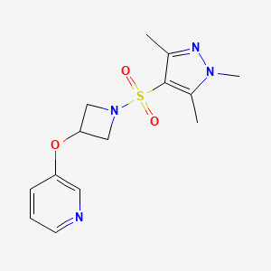 molecular formula C14H18N4O3S B3012814 3-((1-((1,3,5-trimethyl-1H-pyrazol-4-yl)sulfonyl)azetidin-3-yl)oxy)pyridine CAS No. 1903226-49-2