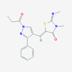 molecular formula C18H18N4O2S B301282 3-methyl-2-(methylimino)-5-[(3-phenyl-1-propionyl-1H-pyrazol-4-yl)methylene]-1,3-thiazolidin-4-one 