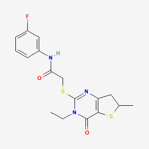 2-((3-ethyl-6-methyl-4-oxo-3,4,6,7-tetrahydrothieno[3,2-d]pyrimidin-2-yl)thio)-N-(3-fluorophenyl)acetamide
