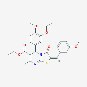 molecular formula C27H28N2O6S B301292 ethyl 5-(3-ethoxy-4-methoxyphenyl)-2-(3-methoxybenzylidene)-7-methyl-3-oxo-2,3-dihydro-5H-[1,3]thiazolo[3,2-a]pyrimidine-6-carboxylate 