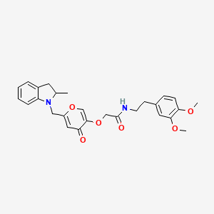 molecular formula C27H30N2O6 B3012929 N-(3,4-二甲氧苯乙基)-2-((6-((2-甲基吲哚林-1-基)甲基)-4-氧代-4H-吡喃-3-基)氧基)乙酰胺 CAS No. 898441-53-7