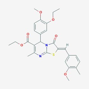 molecular formula C28H30N2O6S B301296 ethyl 5-(3-ethoxy-4-methoxyphenyl)-2-(3-methoxy-4-methylbenzylidene)-7-methyl-3-oxo-2,3-dihydro-5H-[1,3]thiazolo[3,2-a]pyrimidine-6-carboxylate 