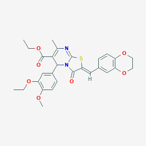 molecular formula C28H28N2O7S B301297 ethyl 2-(2,3-dihydro-1,4-benzodioxin-6-ylmethylene)-5-(3-ethoxy-4-methoxyphenyl)-7-methyl-3-oxo-2,3-dihydro-5H-[1,3]thiazolo[3,2-a]pyrimidine-6-carboxylate 