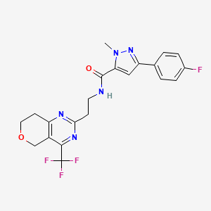 molecular formula C21H19F4N5O2 B3012981 3-(4-fluorophenyl)-1-methyl-N-(2-(4-(trifluoromethyl)-7,8-dihydro-5H-pyrano[4,3-d]pyrimidin-2-yl)ethyl)-1H-pyrazole-5-carboxamide CAS No. 2034256-60-3