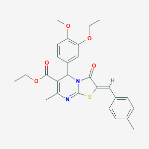 molecular formula C27H28N2O5S B301301 ethyl 5-(3-ethoxy-4-methoxyphenyl)-7-methyl-2-(4-methylbenzylidene)-3-oxo-2,3-dihydro-5H-[1,3]thiazolo[3,2-a]pyrimidine-6-carboxylate 